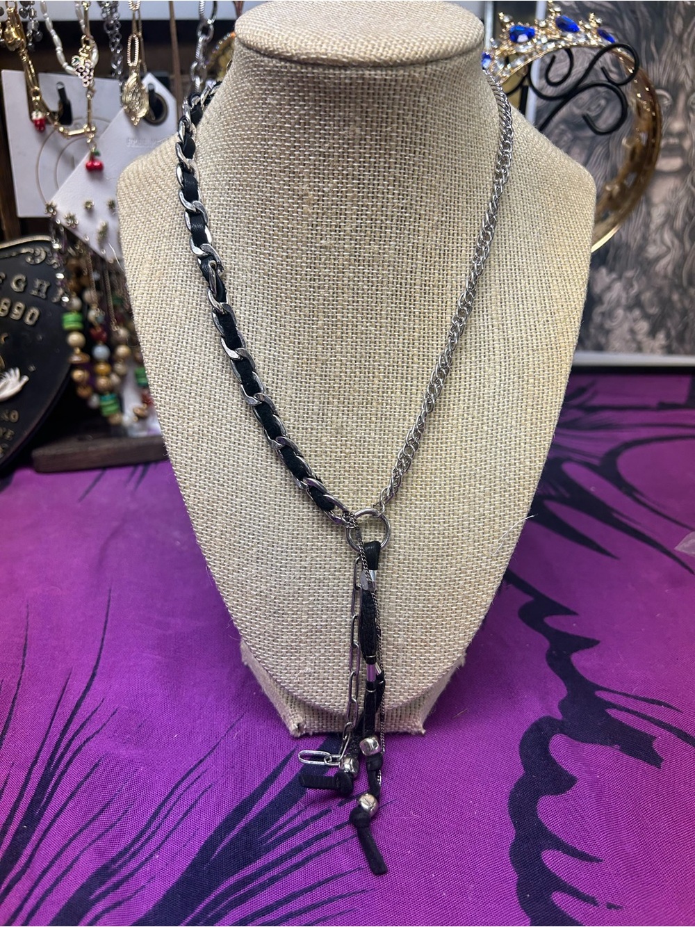 NWT Free People Necklace - silver tone w/ black suede - lariat style